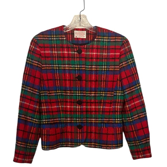 Vintage Pendleton Wool Lady Blazer Jacket Red Green Plaid 8P Christmas Holiday - Picture 1 of 9